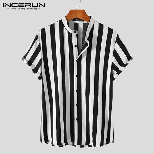 Striped Shirt Brand Stand Collar Streetwear Short Sleeve Button