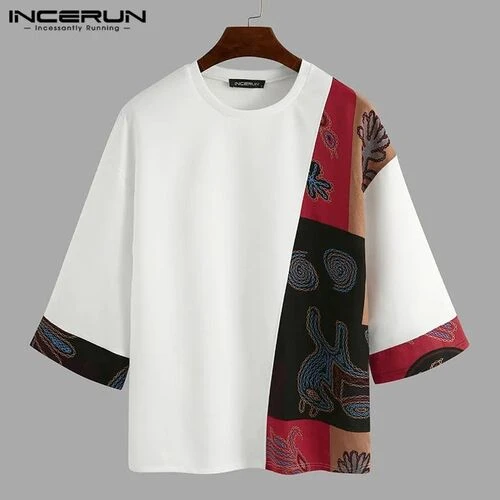 INCERUN Men Casual T Shirt Loose Printed Patchwork Round Neck