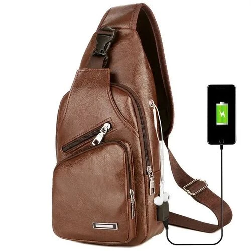 Bolso de pecho con carga USB y orificio para auriculares para hombre